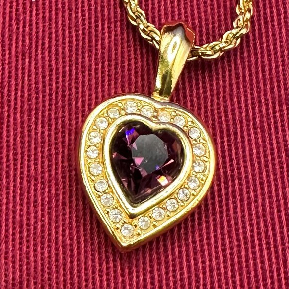 VTG Swarovski S.A.L. Faux Amethyst & Crystals on Gold-Tone Heart Pendant - Picture 9 of 11